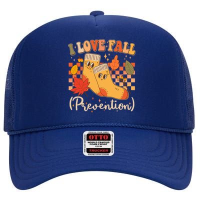 Funny Cute I Love Fall Prevention Retro Cartoon Socks Autumn Lover High Crown Mesh Back Trucker Hat