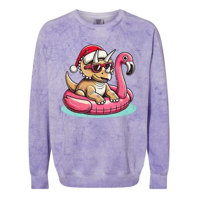 Funny Christmas In July Triceratops Santa Flamingo Floatie Colorblast Crewneck Sweatshirt