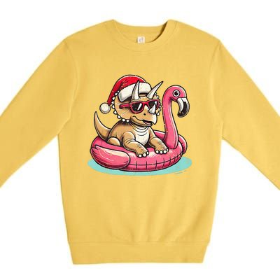 Funny Christmas In July Triceratops Santa Flamingo Floatie Premium Crewneck Sweatshirt