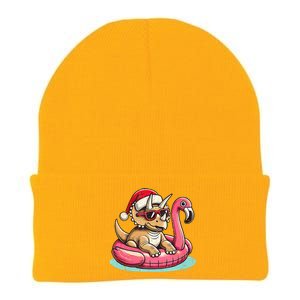 Funny Christmas In July Triceratops Santa Flamingo Floatie Knit Cap Winter Beanie