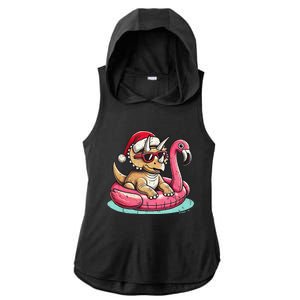 Funny Christmas In July Triceratops Santa Flamingo Floatie Ladies PosiCharge Tri-Blend Wicking Draft Hoodie Tank