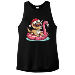 Funny Christmas In July Triceratops Santa Flamingo Floatie Ladies PosiCharge Tri-Blend Wicking Tank