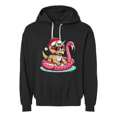 Funny Christmas In July Triceratops Santa Flamingo Floatie Garment-Dyed Fleece Hoodie