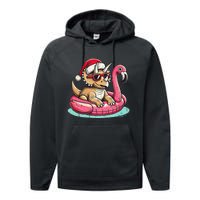 Funny Christmas In July Triceratops Santa Flamingo Floatie Performance Fleece Hoodie