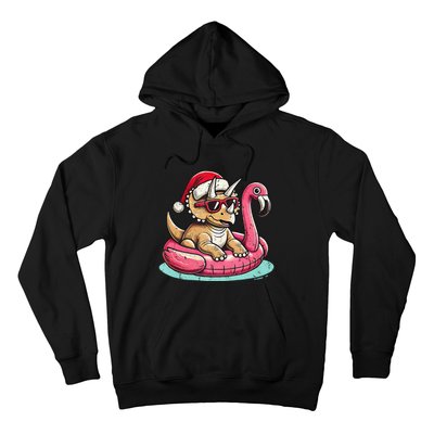 Funny Christmas In July Triceratops Santa Flamingo Floatie Hoodie