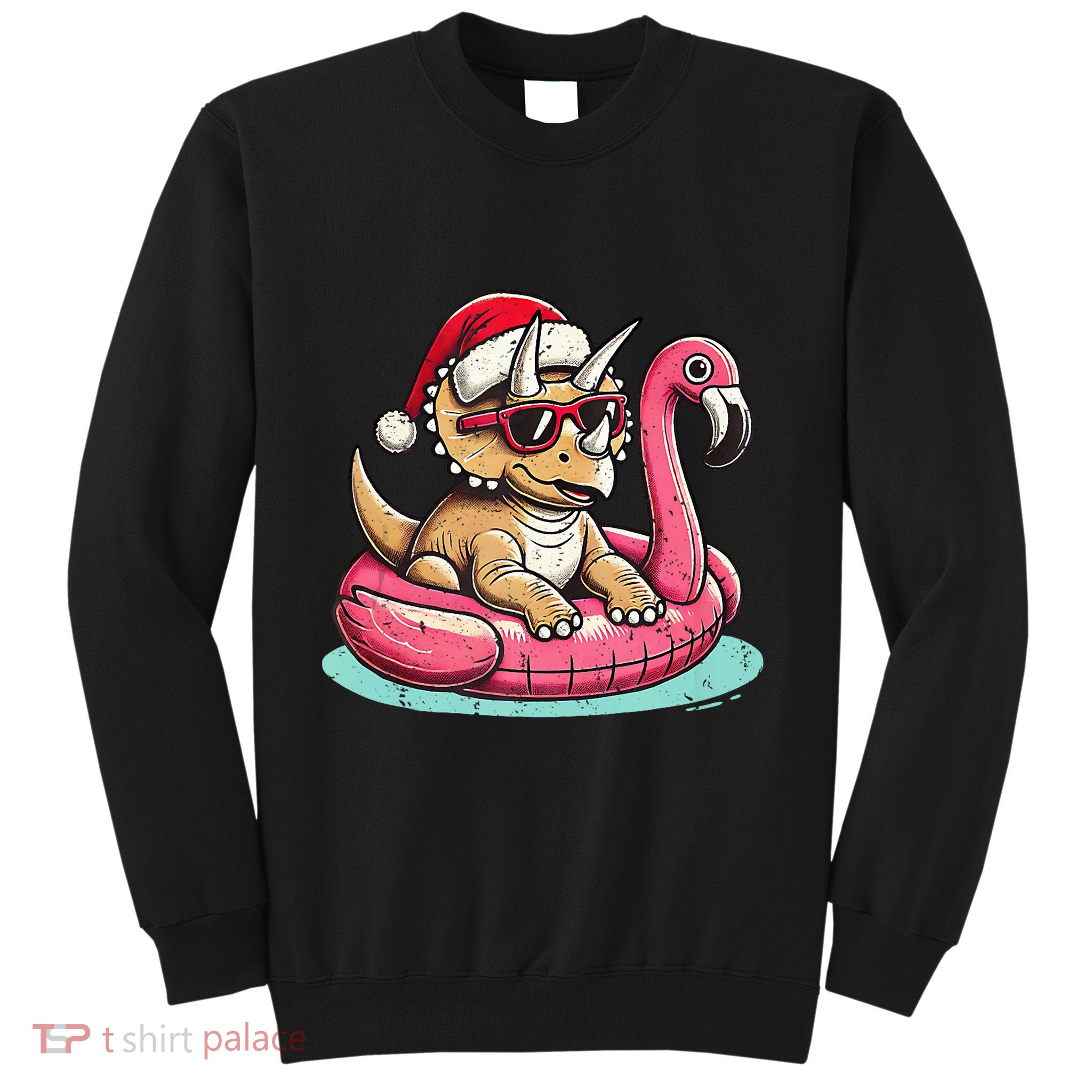 Funny Christmas In July Triceratops Santa Flamingo Floatie Sweatshirt