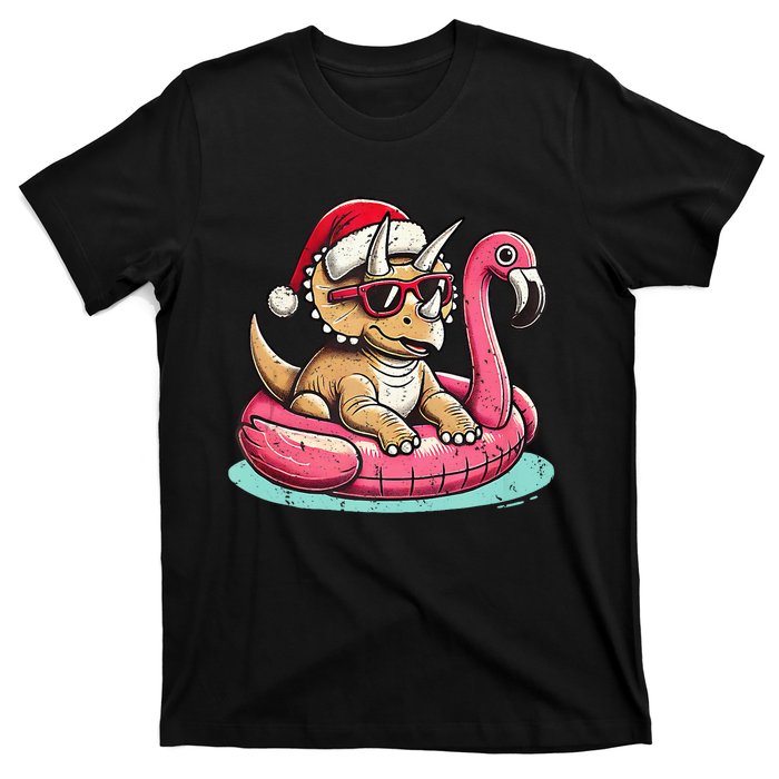 Funny Christmas In July Triceratops Santa Flamingo Floatie T-Shirt