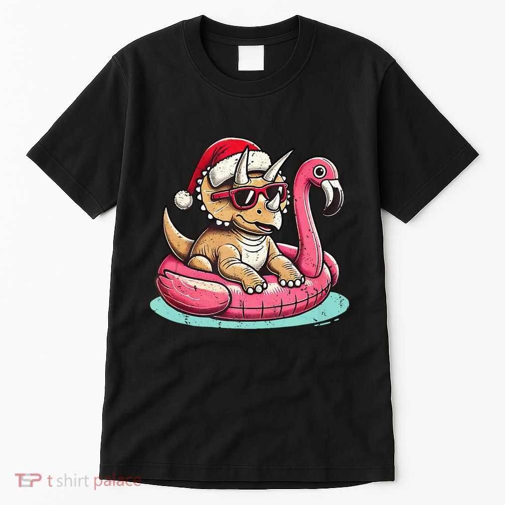 Funny Christmas In July Triceratops Santa Flamingo Floatie Tall T-Shirt