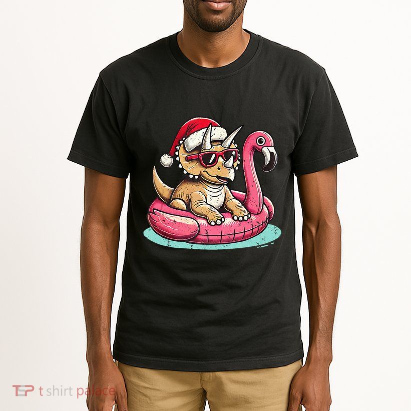 Funny Christmas In July Triceratops Santa Flamingo Floatie Tall T-Shirt