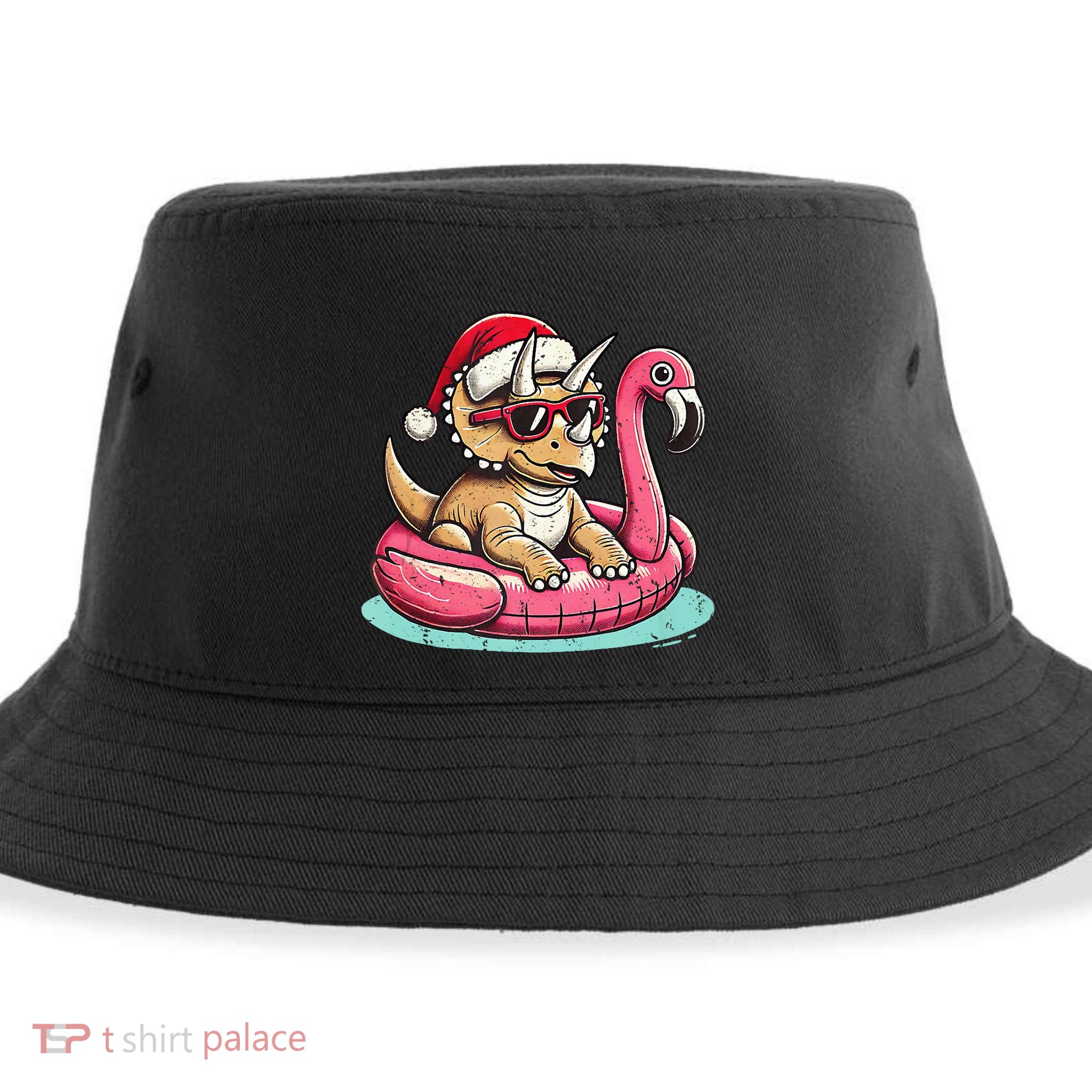 Funny Christmas In July Triceratops Santa Flamingo Floatie Sustainable Bucket Hat