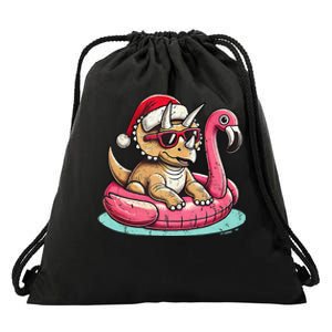 Funny Christmas In July Triceratops Santa Flamingo Floatie Drawstring Bag