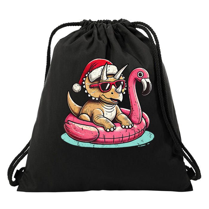 Funny Christmas In July Triceratops Santa Flamingo Floatie Drawstring Bag