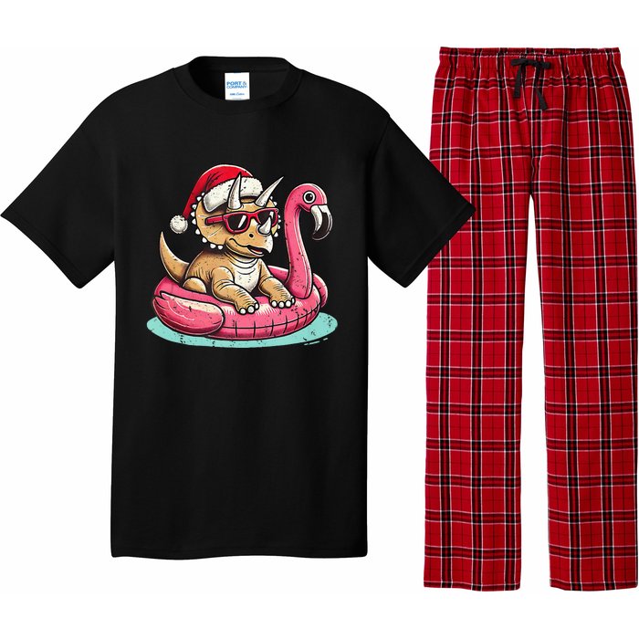 Funny Christmas In July Triceratops Santa Flamingo Floatie Pajama Set