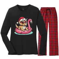 Funny Christmas In July Triceratops Santa Flamingo Floatie Women's Long Sleeve Flannel Pajama Set 