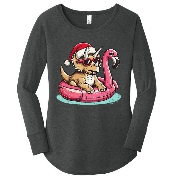 Funny Christmas In July Triceratops Santa Flamingo Floatie Women's Perfect Tri Tunic Long Sleeve Shirt