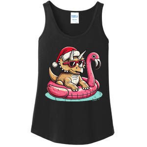 Funny Christmas In July Triceratops Santa Flamingo Floatie Ladies Essential Tank