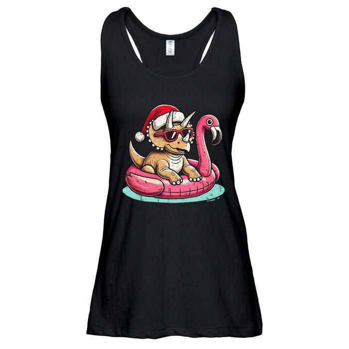 Funny Christmas In July Triceratops Santa Flamingo Floatie Ladies Essential Flowy Tank