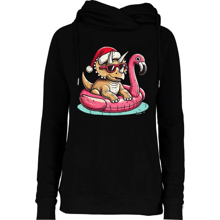 Funny Christmas In July Triceratops Santa Flamingo Floatie Womens Funnel Neck Pullover Hood