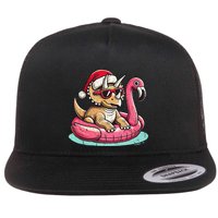 Funny Christmas In July Triceratops Santa Flamingo Floatie Flat Bill Trucker Hat