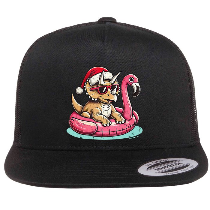 Funny Christmas In July Triceratops Santa Flamingo Floatie Flat Bill Trucker Hat