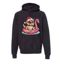 Funny Christmas In July Triceratops Santa Flamingo Floatie Premium Hoodie