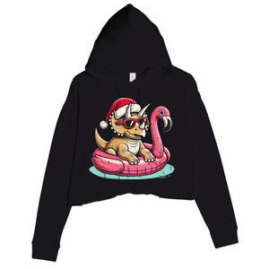 Funny Christmas In July Triceratops Santa Flamingo Floatie Crop Fleece Hoodie