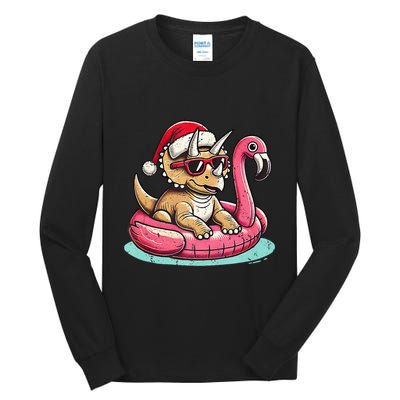 Funny Christmas In July Triceratops Santa Flamingo Floatie Tall Long Sleeve T-Shirt