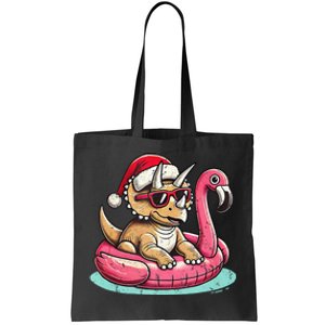 Funny Christmas In July Triceratops Santa Flamingo Floatie Tote Bag