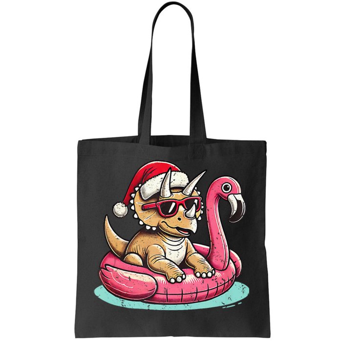 Funny Christmas In July Triceratops Santa Flamingo Floatie Tote Bag