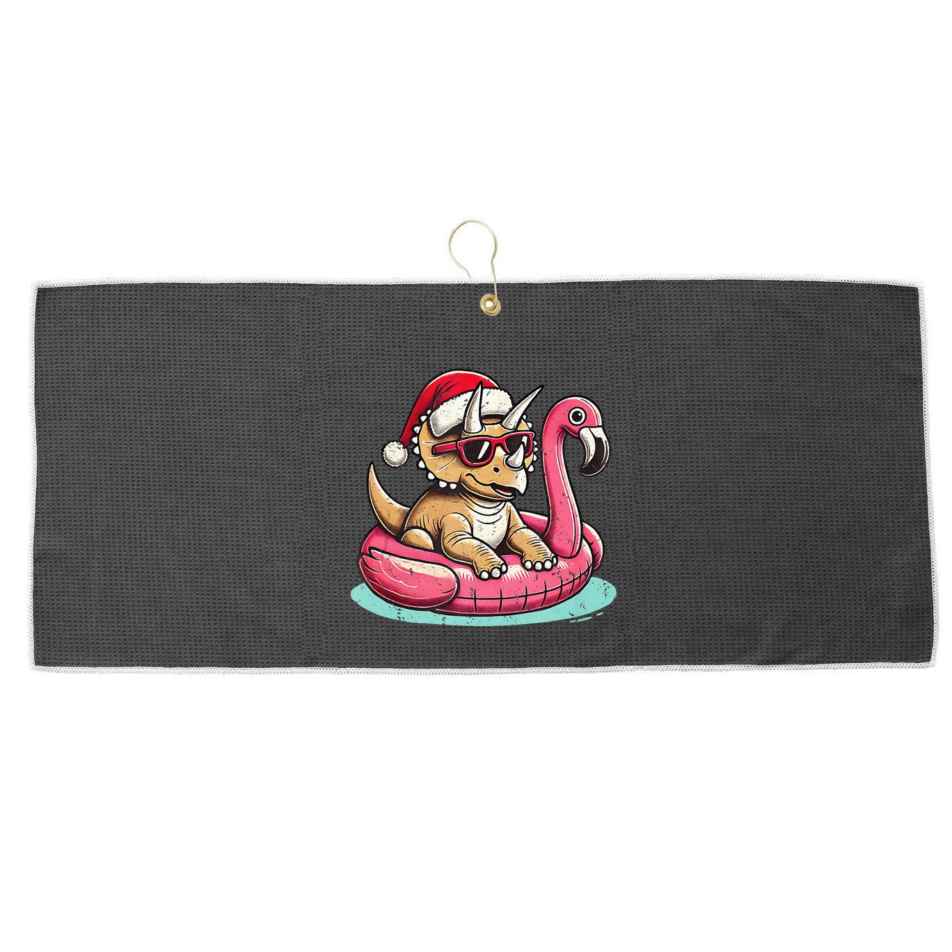 Funny Christmas In July Triceratops Santa Flamingo Floatie Large Microfiber Waffle Golf Towel
