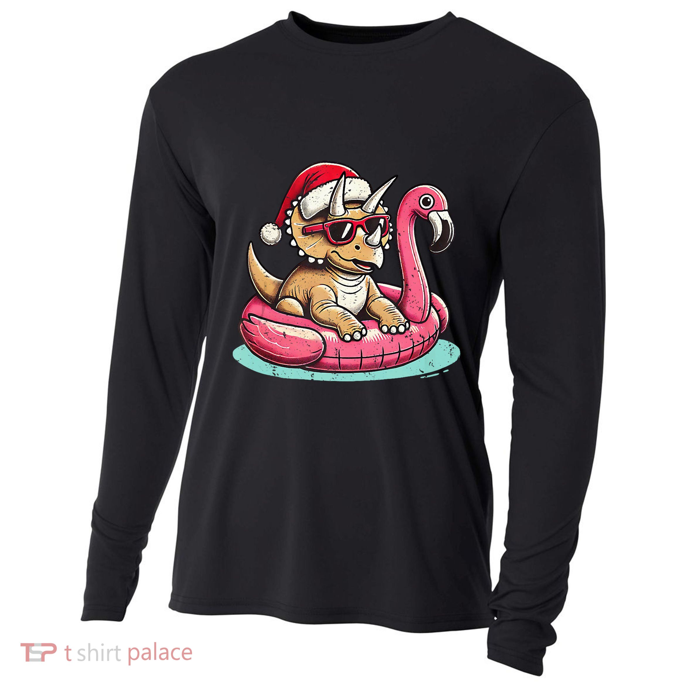 Funny Christmas In July Triceratops Santa Flamingo Floatie Cooling Performance Long Sleeve Crew