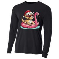 Funny Christmas In July Triceratops Santa Flamingo Floatie Cooling Performance Long Sleeve Crew