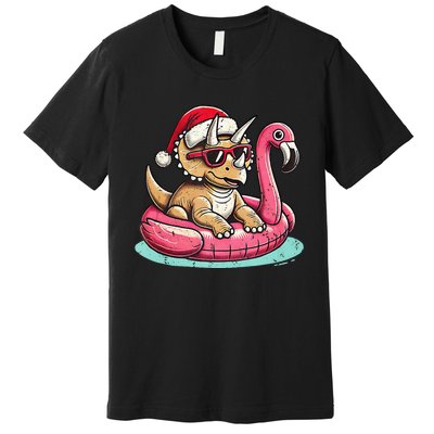 Funny Christmas In July Triceratops Santa Flamingo Floatie Premium T-Shirt