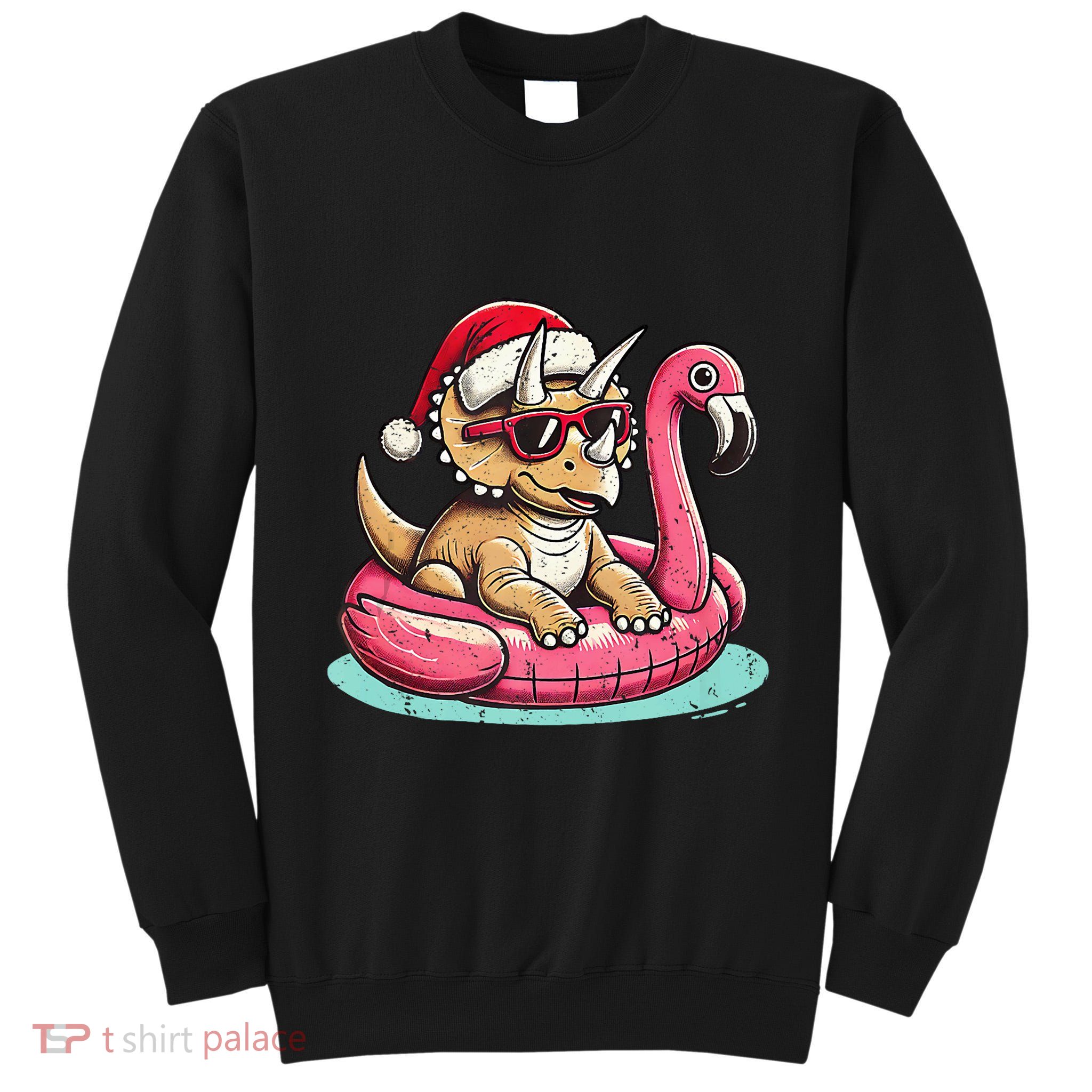Funny Christmas In July Triceratops Santa Flamingo Floatie Tall Sweatshirt