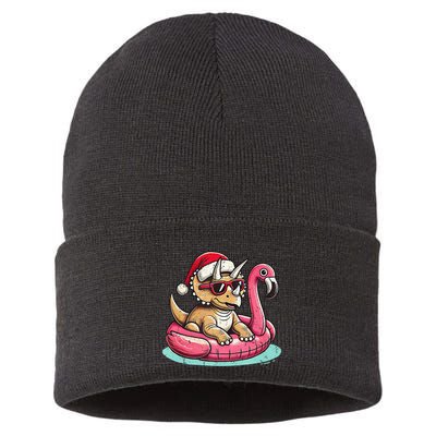 Funny Christmas In July Triceratops Santa Flamingo Floatie Sustainable Knit Beanie
