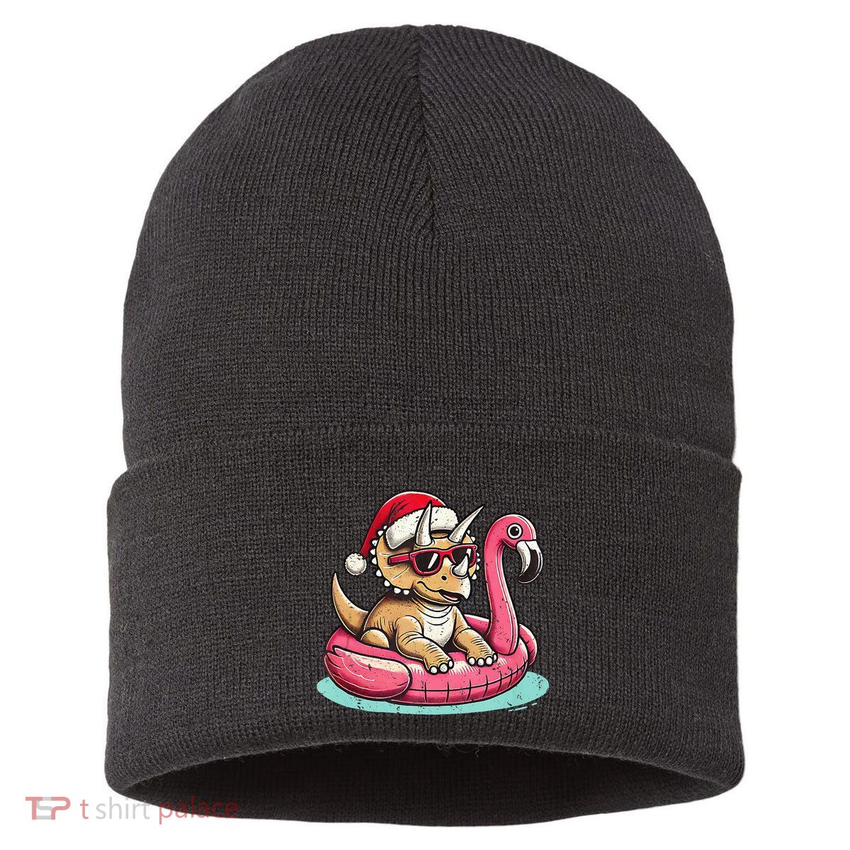 Funny Christmas In July Triceratops Santa Flamingo Floatie Sustainable Knit Beanie