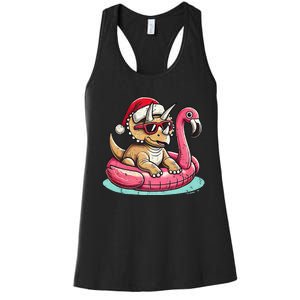 Funny Christmas In July Triceratops Santa Flamingo Floatie Women's Racerback Tank