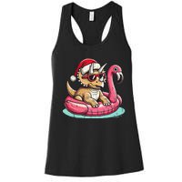 Funny Christmas In July Triceratops Santa Flamingo Floatie Women's Racerback Tank