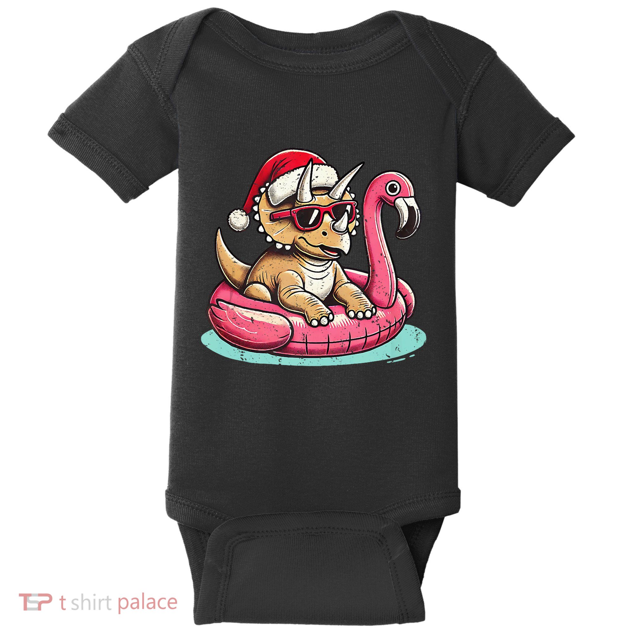 Funny Christmas In July Triceratops Santa Flamingo Floatie Baby Bodysuit