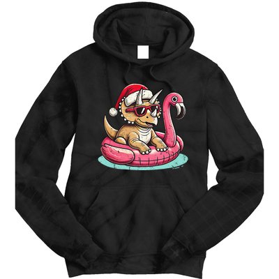 Funny Christmas In July Triceratops Santa Flamingo Floatie Tie Dye Hoodie