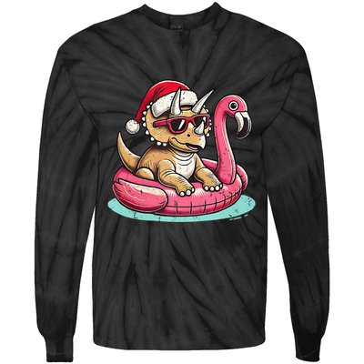 Funny Christmas In July Triceratops Santa Flamingo Floatie Tie-Dye Long Sleeve Shirt