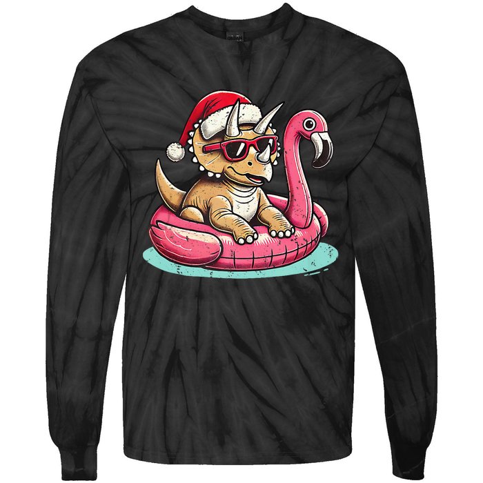 Funny Christmas In July Triceratops Santa Flamingo Floatie Tie-Dye Long Sleeve Shirt