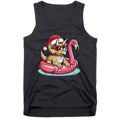 Funny Christmas In July Triceratops Santa Flamingo Floatie Tank Top