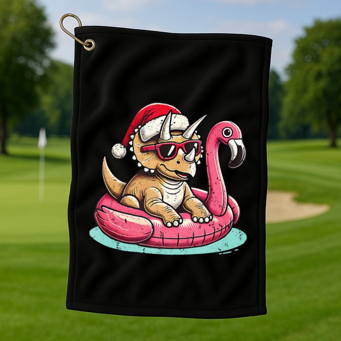 Funny Christmas In July Triceratops Santa Flamingo Floatie Golf Towel