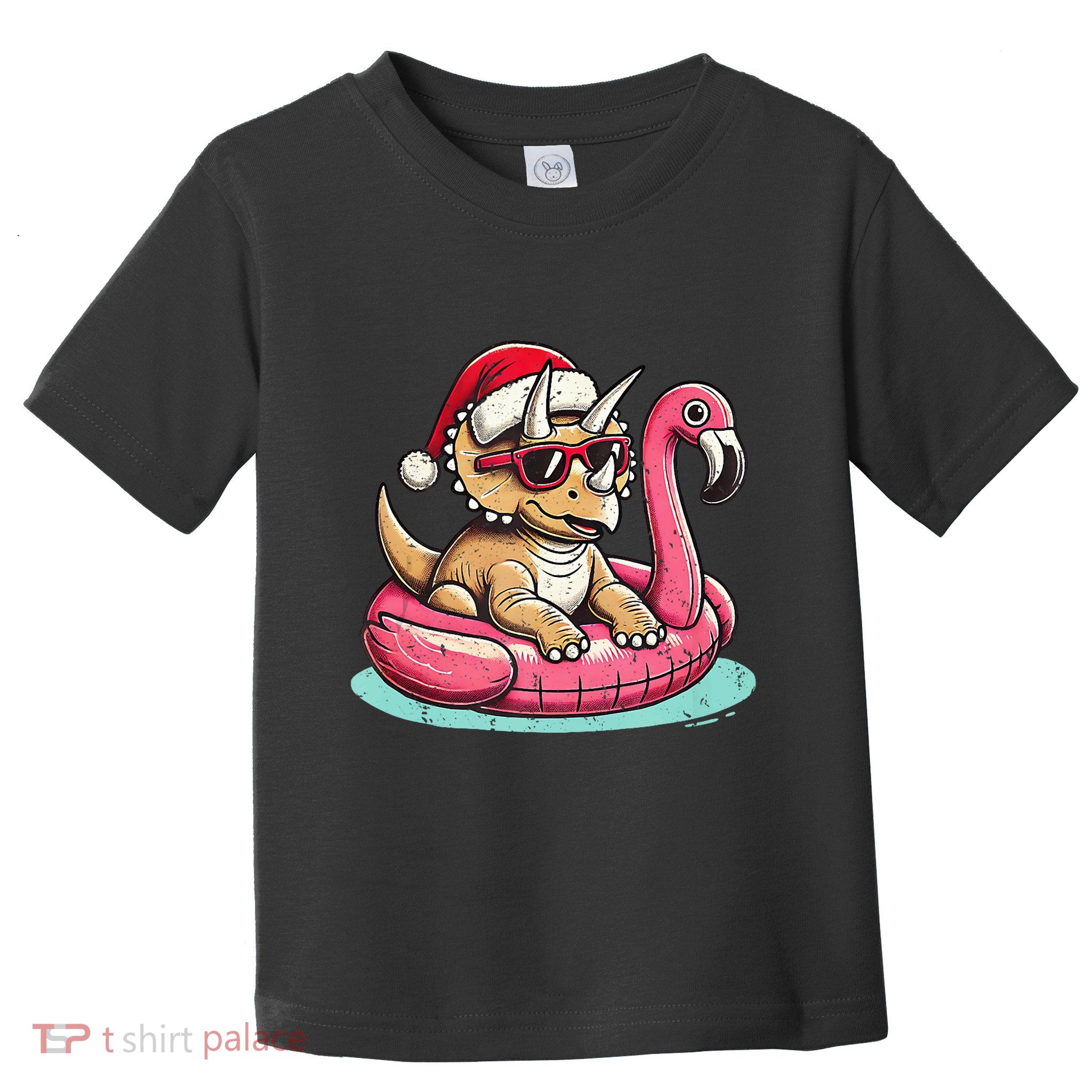 Funny Christmas In July Triceratops Santa Flamingo Floatie Toddler T-Shirt