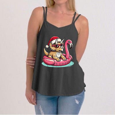 Funny Christmas In July Triceratops Santa Flamingo Floatie Women's Strappy Tank