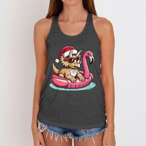 Funny Christmas In July Triceratops Santa Flamingo Floatie Women's Knotted Racerback Tank