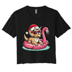 Funny Christmas In July Triceratops Santa Flamingo Floatie Women's Crop Top Tee