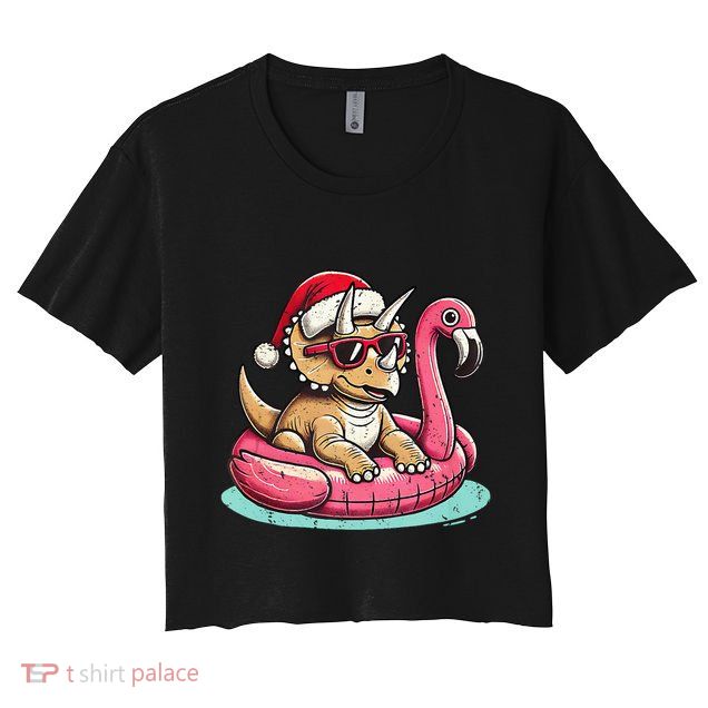 Funny Christmas In July Triceratops Santa Flamingo Floatie Crop Top