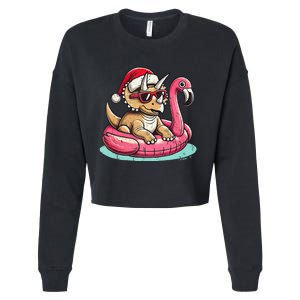 Funny Christmas In July Triceratops Santa Flamingo Floatie Cropped Pullover Crew